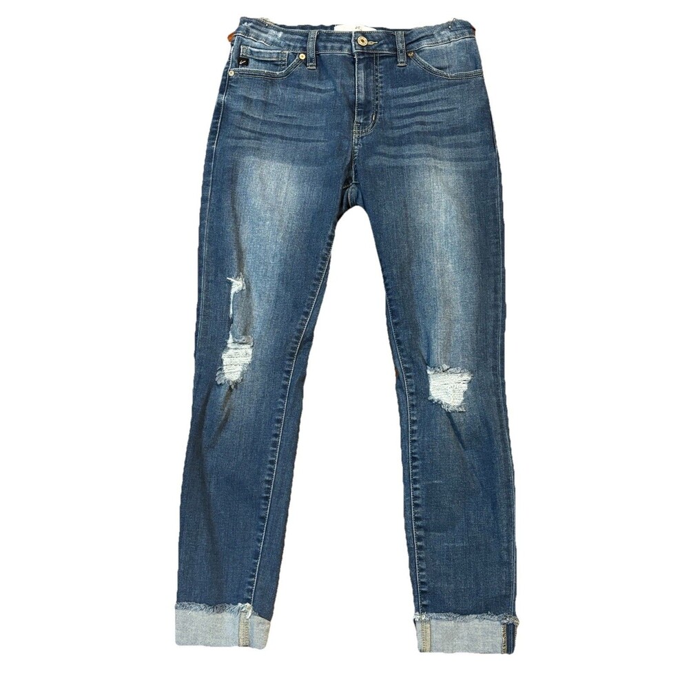 KanCan Womens Mid Rise Distressed Skinny Jeans Med Wash Rolled Raw Hem Sz 29